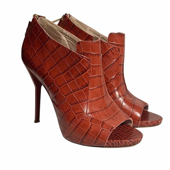 Escada Croc Embossed Leather Ankle Booties Rust Brown Italy Back Zip EU 40 - Picture 7 of 14
